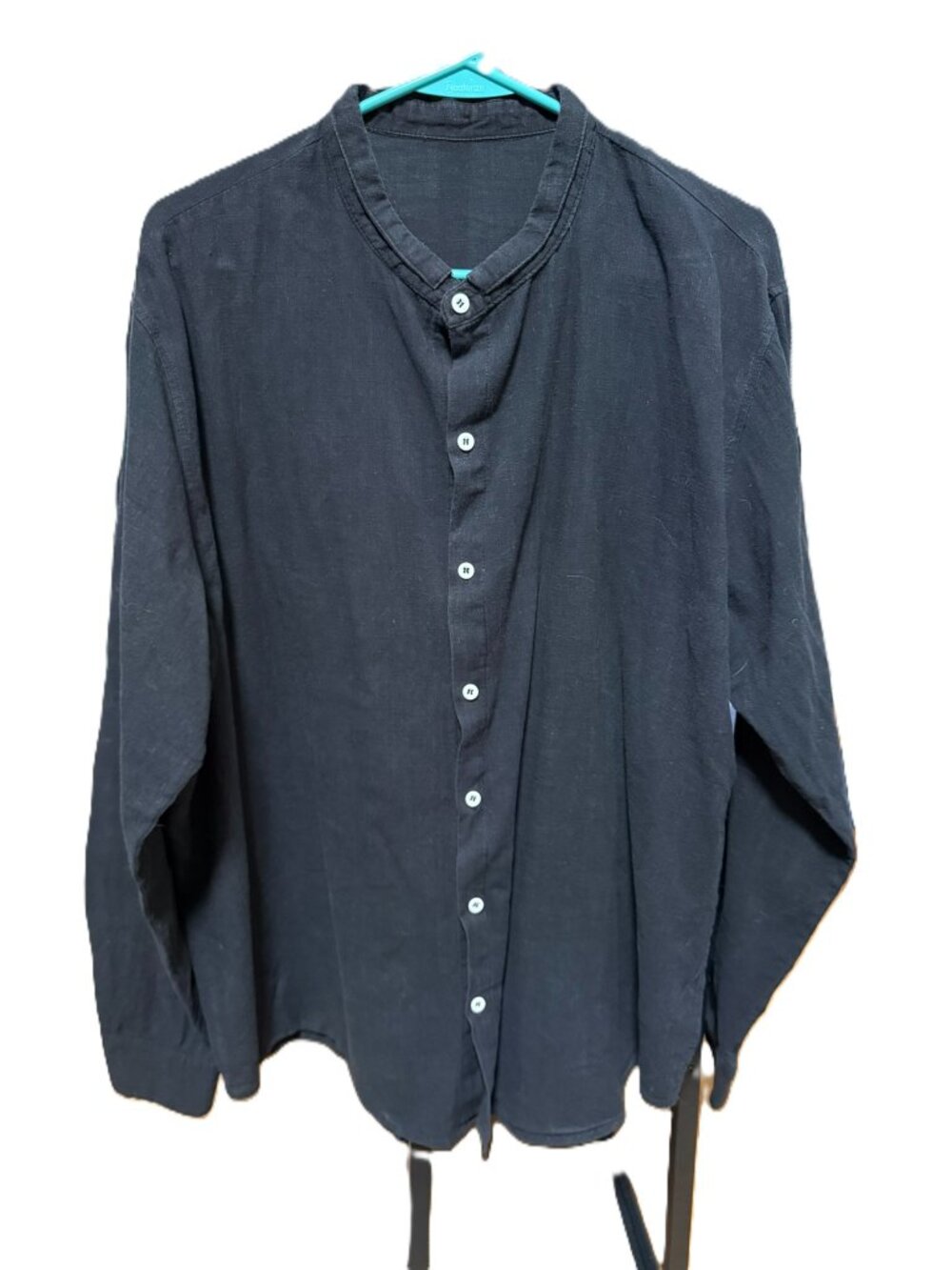 Men's Black Linen Band Collar Shirt Long Sleeve Button Down Mandarin Collar